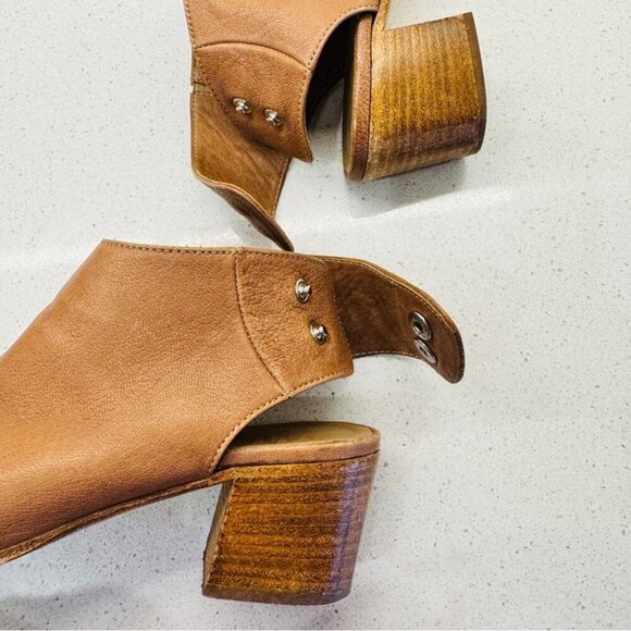 Mimosa Tan Camel Genuine Soft Leather Shoes Peep Toe Stacked Heel Sandals Sz 37 - Picture 11 of 15